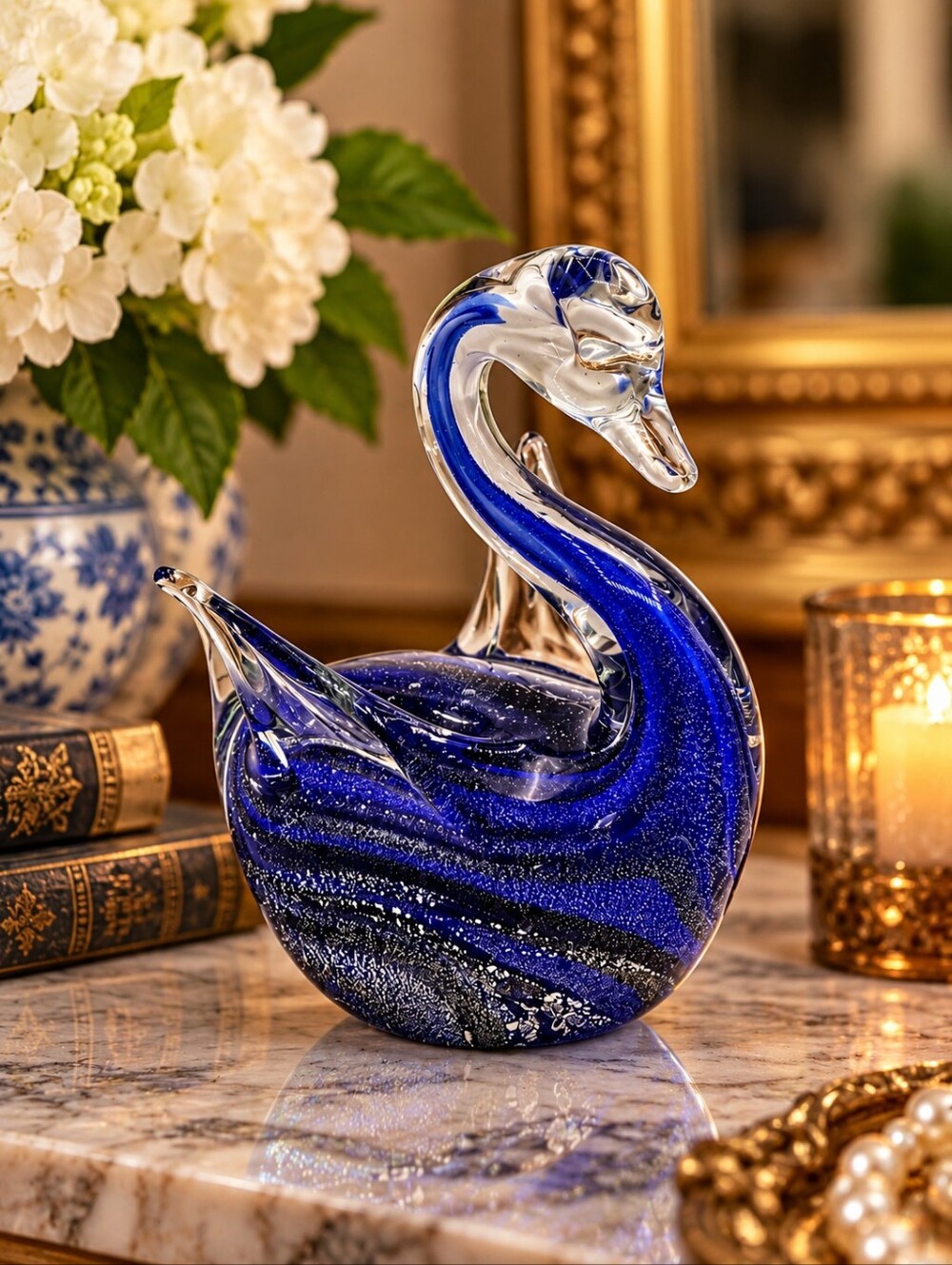 Murano Style Art Glass Swan Figurine - Cobalt Blue Silver Aventurine Swirl, 7"